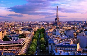 Paris, France, Eiffel tower seen at sunset from Arch of Triomphe